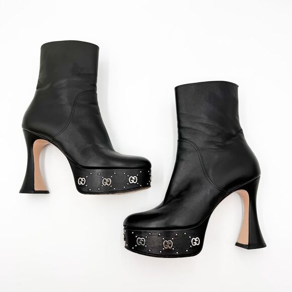 Gucci Janaya GG Black Leather Platform Boots Heels EU 40 US 10 - Picture 7 of 13
